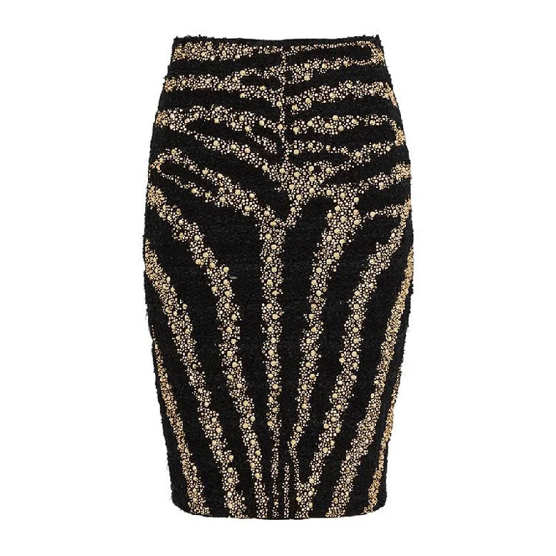 Sparkly Diamante Studded Zebra Print Mid Waist Tweed Knit Mini Pencil Skirt