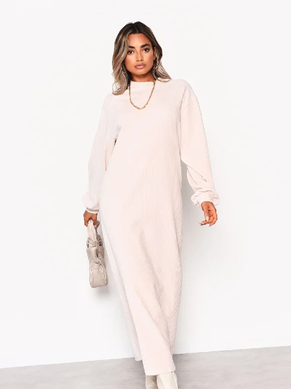 Cream Soft Ribbed Long Sleeve Midi Dress