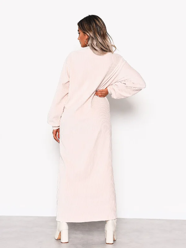 Cream Soft Ribbed Long Sleeve Midi Dress