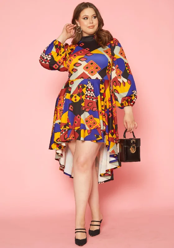 Plus Size Geo Print High To Low Flare Dress