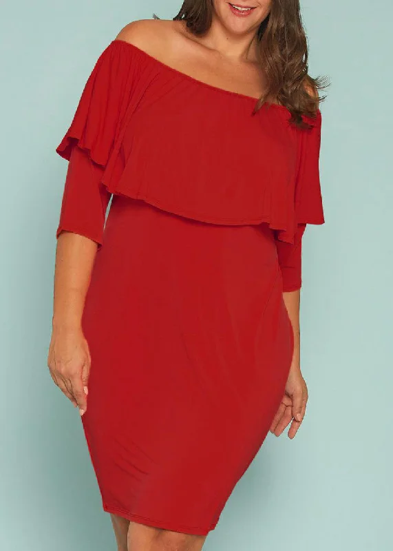 Plus Size Off Shoulder Ruffle Knee Bodycon Dress