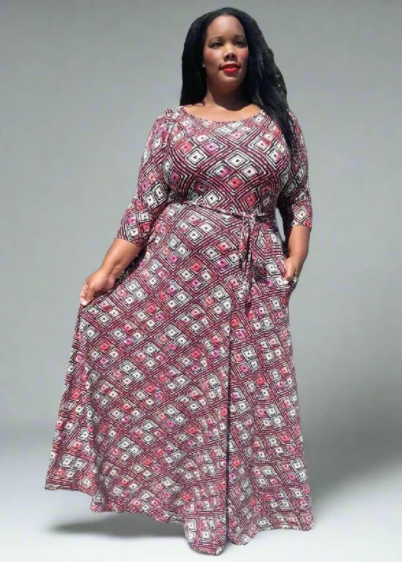 Plus Size Unique pattern loose Fit Pleats Flare Maxi Dress with Pockets