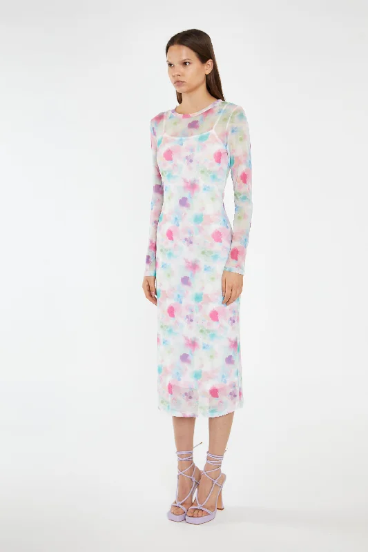 Watercolour-Floral Mesh Long Sleeve Midi-Dress