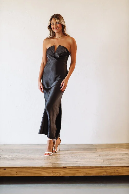 Fashionably Late Satin Midi Dress - Black