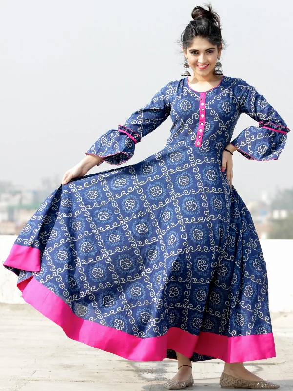 Maher - Indigo Bandhani Printed Urave Cut Long Dress  - D381F2054