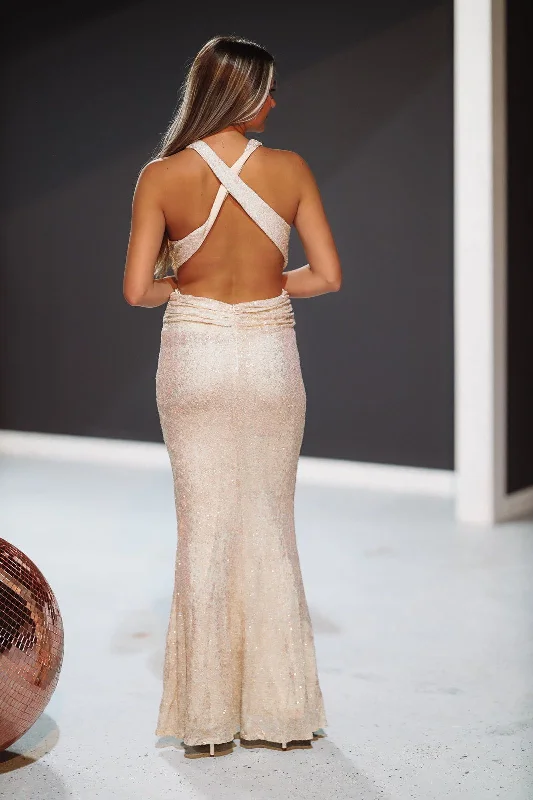 Sequined Sparkle Maxi Dress - Champagne