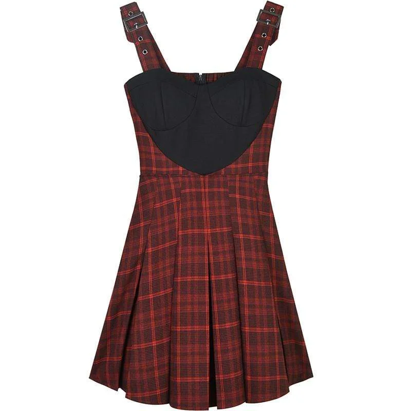 Women's Kawaii Love Heart Red Plaid Overall Dresses