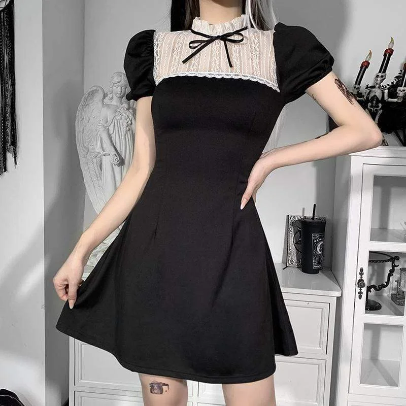 Women's Kawaii Puff Sleeved Lace Collar Black Little Dress