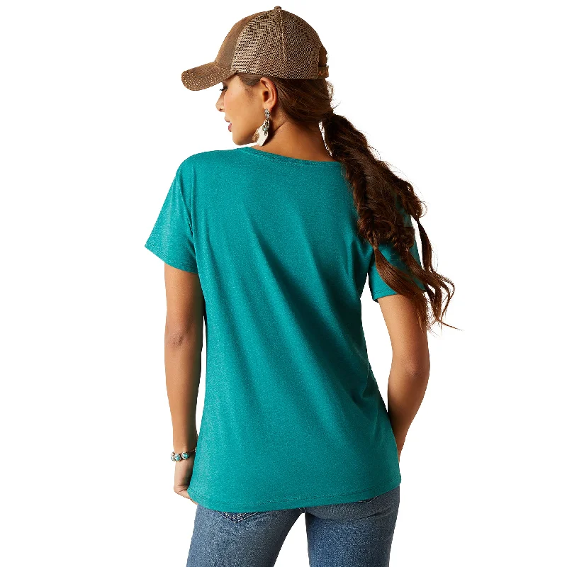 10047920 Ariat Women's Longhorn Watercolour SS T Shirt Teal Green Heather