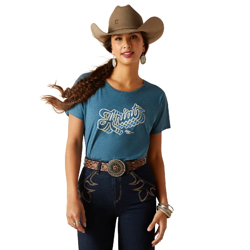 10047926 Ariat Women's Racing Script SS T Shirt Steel Blue Heather