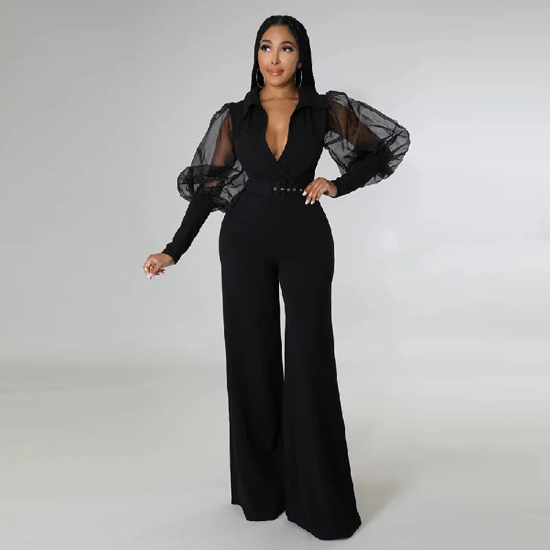 FashionSierra - Mesh Puff Sleeve Deep V-Neck Wide Leg Pants Jumpsuit