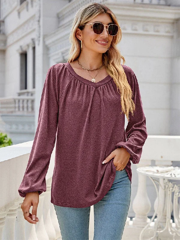 FashionSierra - V Neck Long Sleee Loose Casual Tee Shirt