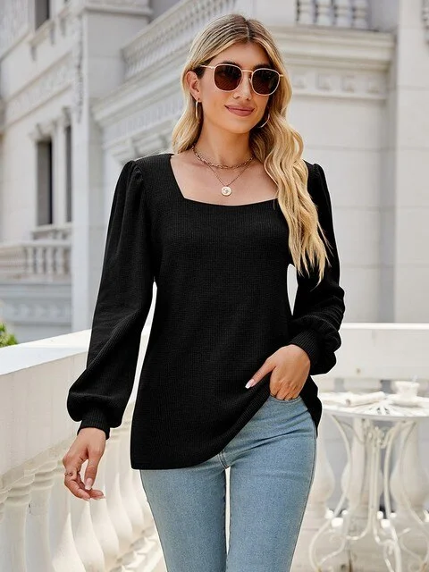 FashionSierra - Waffle Pattern Square Collar Long Sleeve Oversized T Shirt