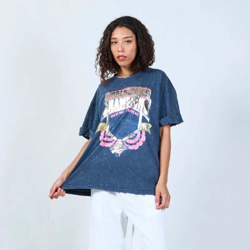 Basic washed black vintage championship graphic t-shirt wholesale