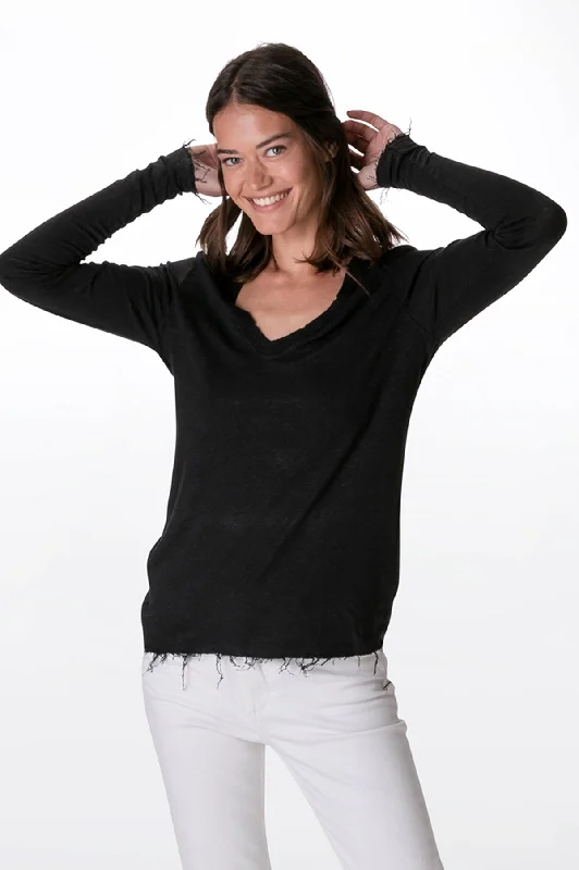 Black V Neck Linen Tee Long Sleeve