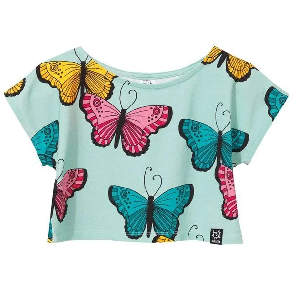 Blue Butterflies Cropped Short Sleeve Shirt - 2 Left Size 4-6 & 8-10 years