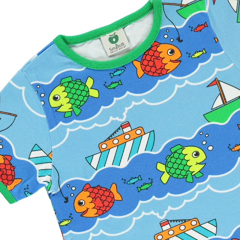 Boat and Fish Short Sleeve Shirt - Blue Grotto - 1 Left Size 9-10 years