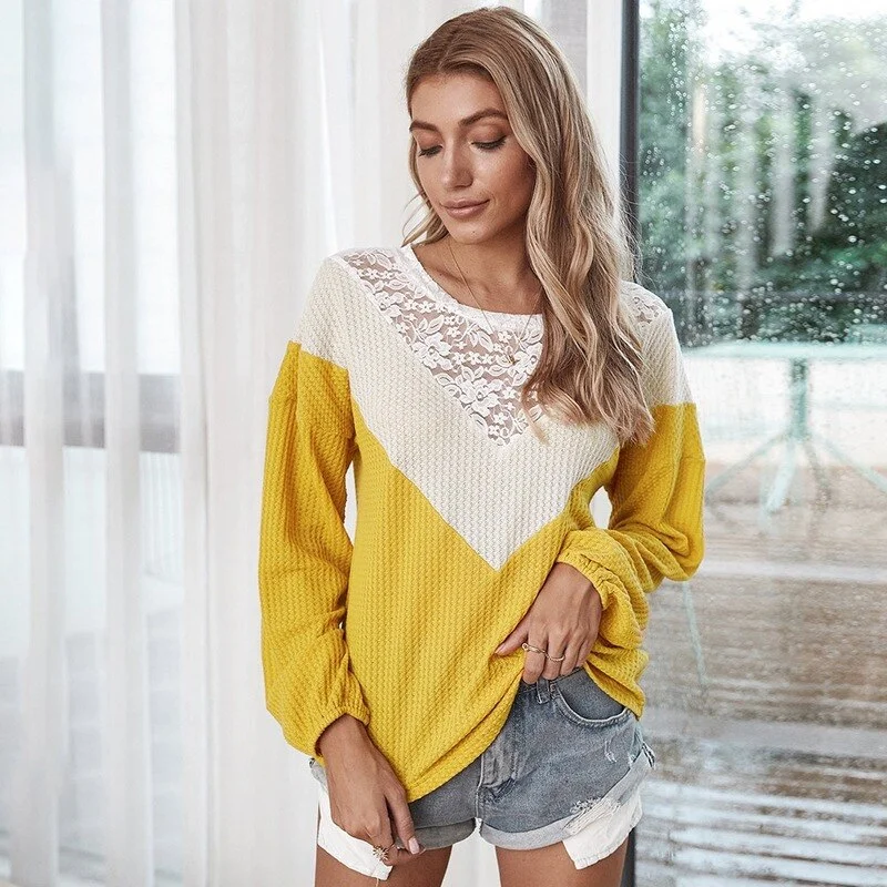 FashionSierra - Boho Floral Patchwork Long Sleeve Lace T-Shirt