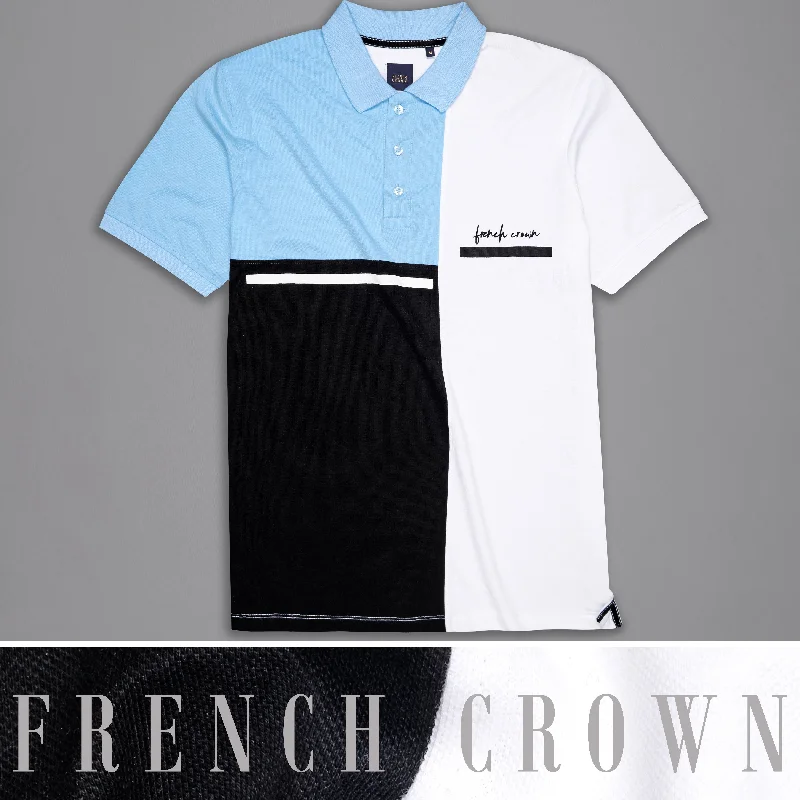 Bright White with Pale Cerulean Blue and Black Block Pattern Premium Cotton Pique Polo