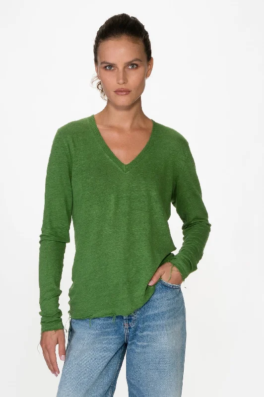 Green V Neck Linen Tee Long Sleeve