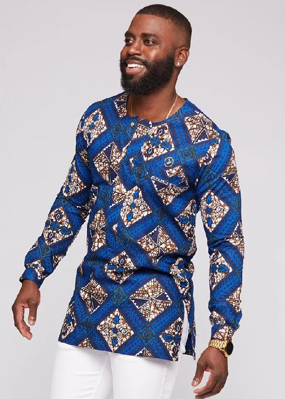 Jafari Men's African Print Long Sleeve Traditional Shirt (Blue Tan Diamonds)