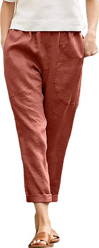 FashionSierra - Casual Cotton Tapered Capri Cargo Pants Loose Elastic Waist Ankle Cropped Trouser