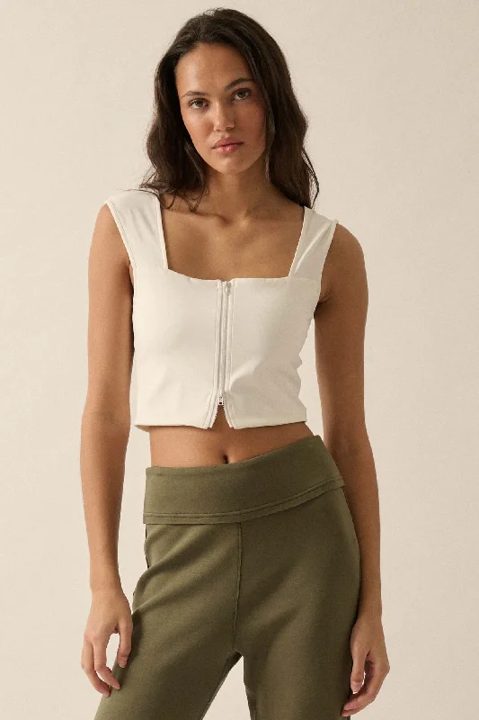 Lifted Fit Zip-Front Cropped Square-Neck Tank Top