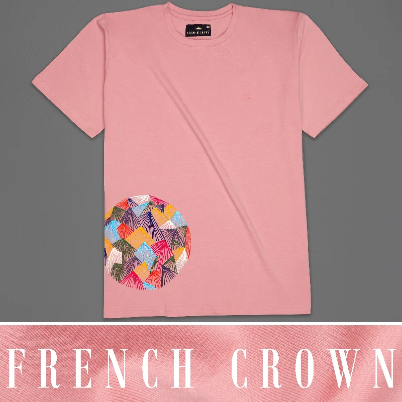 Light Thulian Pink with Multicolour Mountain Like Hand Painted Organic Cotton T-shirt