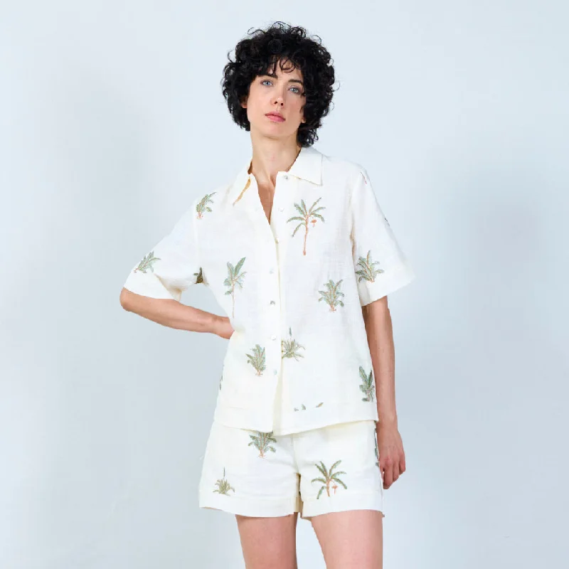 Lightweight linen shirt with palm embroidery wholesale