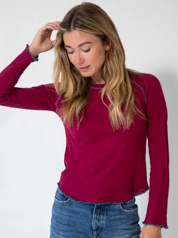 Lily Knit Cotton Long Sleeve Tee Shirt - Cranberry