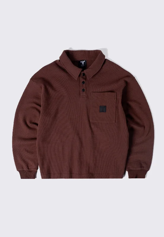 Long Sleeve Waffle Polo - Brown