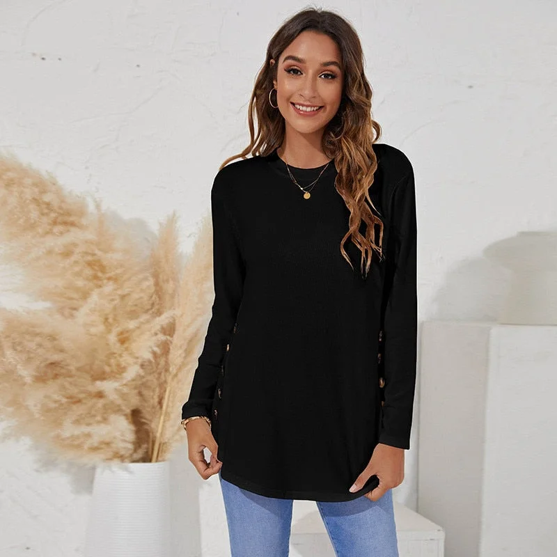 FashionSierra - O-Neck Oversized Loose Long Sleeve Buttons Shirt