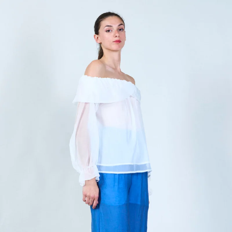 Off-shoulder ruffle sheer blouse wholesale