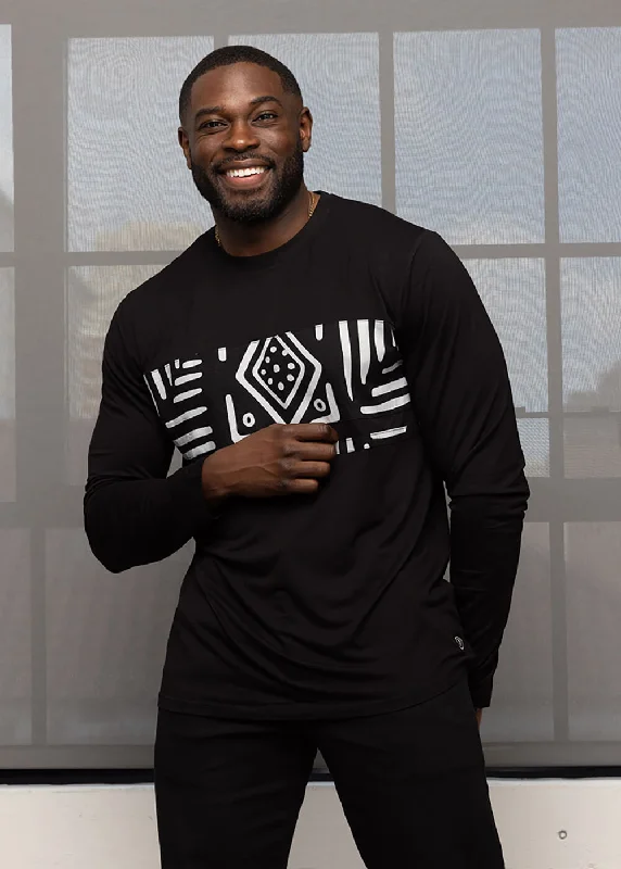 Ore Men's African Print Long Sleeve T-Shirt (Black/Grayscale Tribal) - Clearance