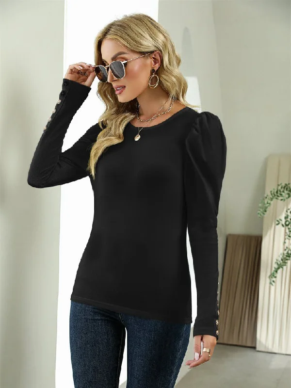 FashionSierra - Plain O-neck Slim Puff Sleeve Breasted Button Cuffs Tee