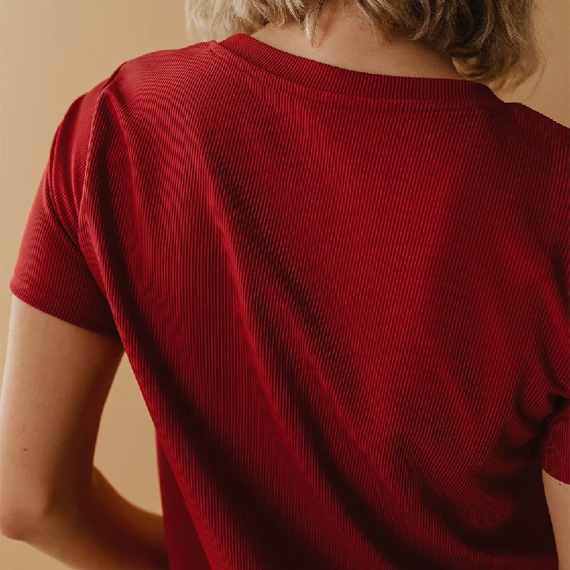 Ribbed Basic Crew Neck Tee, Burgundy