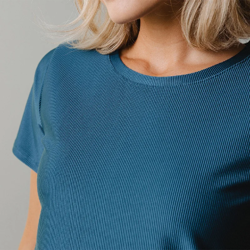 Ribbed Basic Crew Neck Tee, Teal Blue