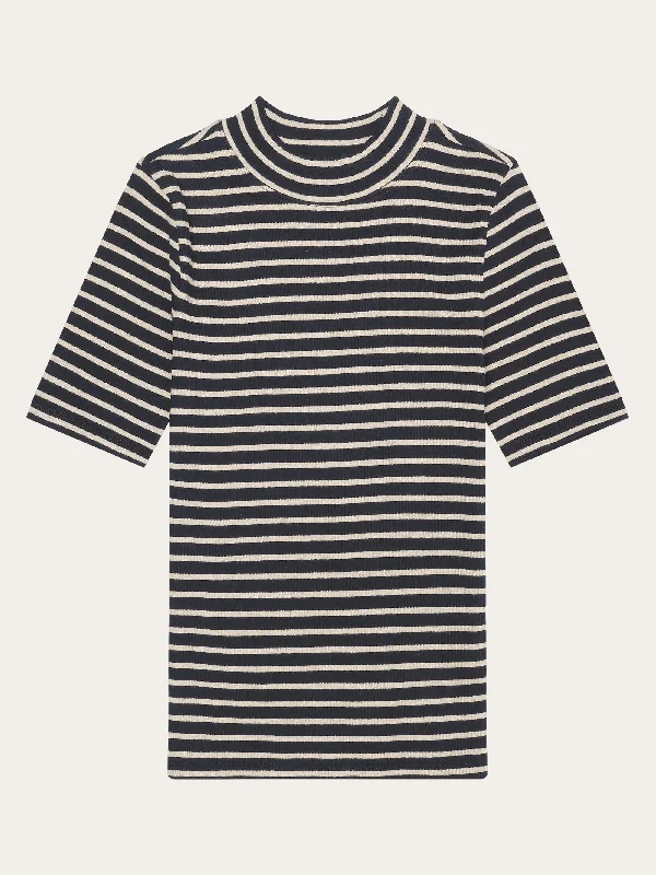 Striped rib high neck short sleeved - Stripe - navy