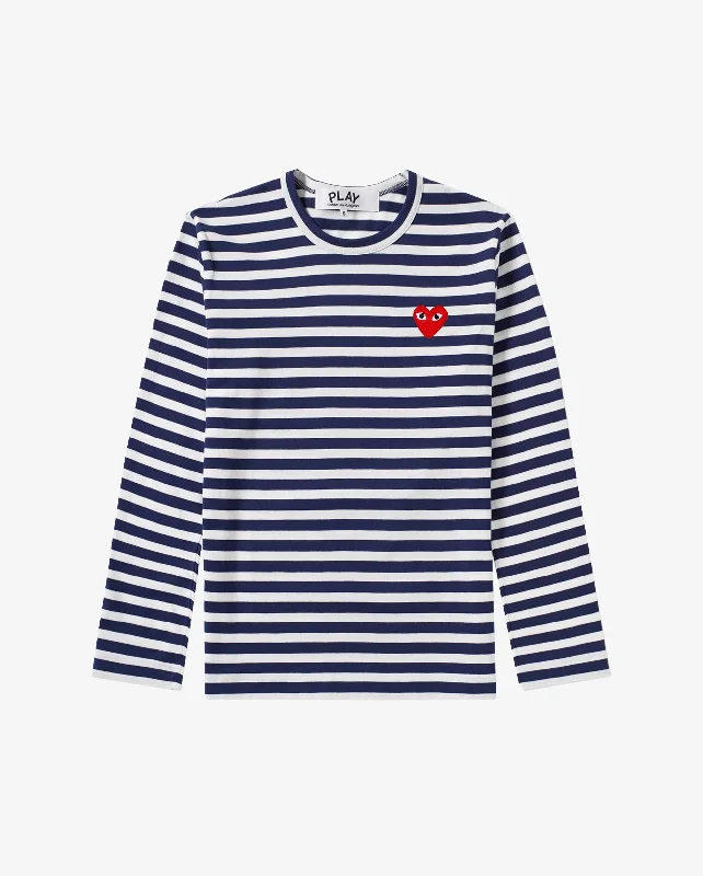 T010 UNISEX RED HEART LS T-SHIRT / DARK NAVY WHITE STRIPE