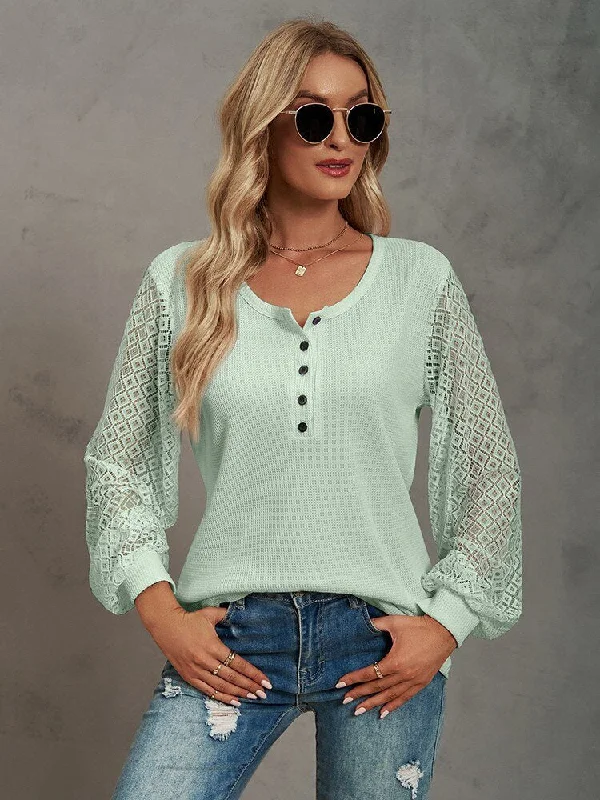 FashionSierra - Lace Stitching O Neck Long Sleeve Tee Shirt