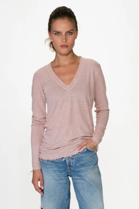 Violet V Neck Linen Tee Long Sleeve